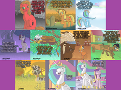 Size: 3206x2404 | Tagged: safe, artist:crispokefan, applejack, chief thunderhooves, cranky doodle donkey, gilda, little strongheart, princess cadance, princess celestia, rainbow dash, rarity, zecora, oc, oc:pun, unnamed oc, alicorn, bison, buffalo, donkey, earth pony, giraffe, griffon, pegasus, pony, unicorn, zebra, ask pun, g4, acacia tree, africa, apathy, ash, ask, cadance is not amused, calf, canterlot castle, cart, celestia is not amused, cloud, cremation, cynicism, derp, ear piercing, earring, feather, fire, fireplace, flower, funny face, glare, gravestone, headcanon, headress, high res, hut, immortal, immortality, jewelry, neck rings, night, night sky, ocean, on a cloud, orchard, piercing, ponyville, rest in peace, rhyming, savanna, shrine, sky, standing on a cloud, statue, table, tipi, tree, unamused, unnamed character, unnamed pegasus, unnamed pony, unnamed zebra, water, worldbuilding