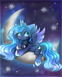 Size: 2000x2500 | Tagged: safe, artist:zefirka, princess luna, alicorn, pony, g4, crescent moon, cute, ear fluff, female, high res, looking up, lunabetes, mare, moon, night, no pupils, prone, smiling, solo, spread wings, stars, tangible heavenly object, wings