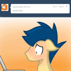 Size: 650x646 | Tagged: safe, artist:shadowkixx, oc, oc only, oc:sunray smiles, earth pony, pony, unicorn, ask sunray smiles, animated, ask, blushing, computer, floppy ears, gif, gradient background, laptop computer, male, solo, stallion, tumblr