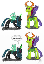 Size: 648x933 | Tagged: safe, artist:scyphi, queen chrysalis, thorax, changedling, changeling, changeling queen, g4, changeling king, comic, confrontation, crown, elytra, female, horn, jewelry, king thorax, mandibles, regalia, sick burn, simple background, solo, speech bubble, white background, wings