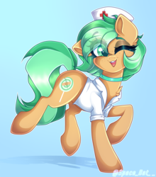 Size: 4327x4927 | Tagged: safe, artist:_spacemonkeyz_, oc, oc only, oc:minty pop, earth pony, pony, absurd resolution, clothes, female, freckles, hat, mare, nurse hat, one eye closed, shirt, solo, wink