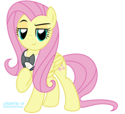 Size: 1300x1190 | Tagged: safe, artist:kuren247, fluttershy, pegasus, pony, g4, badass, bowtie, clothes, cute, female, flutterbadass, looking at you, mare, raised hoof, show accurate, shyabetes, signature, simple background, smiling, smirk, solo, suit, transparent background, vector