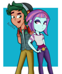 Size: 822x973 | Tagged: safe, artist:ro994, sunny flare, timber spruce, equestria girls, g4, my little pony equestria girls: better together, clothes, female, looking at each other, male, pants, shipping, smiling, straight, timberflare