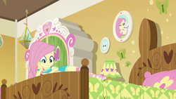 Size: 1920x1080 | Tagged: safe, screencap, angel bunny, fluttershy, rabbit, do it for the ponygram!, equestria girls, g4, my little pony equestria girls: better together, animal, bed, female, fluttershy's bedroom, solo