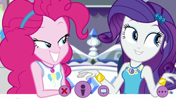 Size: 1280x720 | Tagged: safe, screencap, pinkie pie, rarity, do it for the ponygram!, equestria girls, g4, my little pony equestria girls: better together, cute, evil grin, geode of shielding, geode of sugar bombs, grin, magical geodes, raribetes, rarity's bedroom, smiling