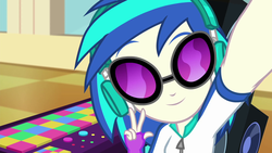 Size: 1920x1080 | Tagged: safe, screencap, dj pon-3, vinyl scratch, do it for the ponygram!, equestria girls, g4, my little pony equestria girls: better together, dj booth, female, peace sign, selfie, smiling, solo, sunglasses