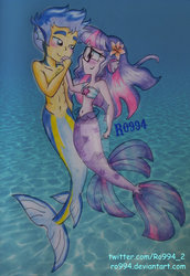 Size: 742x1076 | Tagged: safe, artist:ro994, flash sentry, sci-twi, twilight sparkle, mermaid, merman, equestria girls, g4, bandeau, belly button, blushing, clothes, female, fins, glasses, holding hands, looking at each other, male, mermaid sci-twi, mermaidized, midriff, partial nudity, ship:flashlight, ship:sci-flash, shipping, smiling, species swap, straight, tail, topless, underwater, watermark
