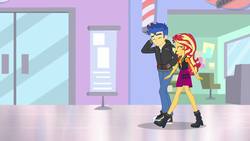 Size: 1280x720 | Tagged: safe, screencap, flash sentry, sunset shimmer, do it for the ponygram!, equestria girls, equestria girls series, g4, spoiler:eqg series (season 2), barbershop pole, boots, canterlot mall, converse, cute, diasentres, legs, mall, shimmerbetes, shipping fuel, shoes, sneakers, walking
