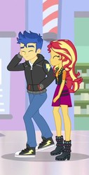 Size: 364x715 | Tagged: safe, screencap, flash sentry, sunset shimmer, do it for the ponygram!, equestria girls, equestria girls series, g4, spoiler:eqg series (season 2), barbershop pole, canterlot mall, clothes, converse, cropped, cute, diasentres, eyes closed, geode of empathy, hand in pocket, hoodie, magical geodes, pants, shimmerbetes, shipping fuel, shoes, sneakers