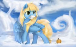 Size: 1280x800 | Tagged: safe, artist:kotelen, oc, oc only, oc:pumpkin cloud, pegasus, pony, cloud, female, heterochromia, mare, pumpkin, solo