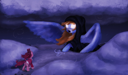 Size: 1507x889 | Tagged: safe, artist:kotelen, oc, oc:akuma, oc:pumpkin cloud, pegasus, pony, glowing eyes, luna's future