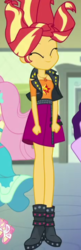 Size: 234x718 | Tagged: safe, screencap, fluttershy, sci-twi, sunset shimmer, twilight sparkle, do it for the ponygram!, equestria girls, g4, my little pony equestria girls: better together, cropped, eyes closed, female, geode of empathy, magical geodes, offscreen character, smiling