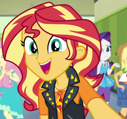 Size: 712x664 | Tagged: safe, screencap, applejack, fluttershy, rarity, sunset shimmer, do it for the ponygram!, equestria girls, g4, my little pony equestria girls: better together, canterlot high, cropped, female, geode of empathy, geode of shielding, lockers, magical geodes, solo focus