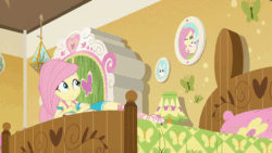 Size: 800x450 | Tagged: safe, screencap, angel bunny, fluttershy, rainbow dash, do it for the ponygram!, equestria girls, g4, my little pony equestria girls: better together, animated, bed, converse, cute, dashabetes, fluttershy's bedroom, furniture abuse, geode of fauna, geode of super speed, gif, lockers, magical geodes, shoes