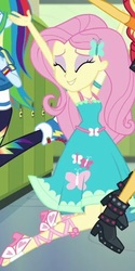Size: 277x555 | Tagged: safe, screencap, fluttershy, rainbow dash, sunset shimmer, do it for the ponygram!, equestria girls, g4, my little pony equestria girls: better together, adorasexy, armpits, beautiful, cropped, cute, eyes closed, female, geode of fauna, happy, jumping, lockers, magical geodes, offscreen character, sexy, shyabetes