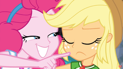 Size: 1920x1080 | Tagged: safe, screencap, applejack, pinkie pie, do it for the ponygram!, equestria girls, g4, my little pony equestria girls: better together, eyes closed, frown, geode of sugar bombs, geode of super strength, grin, magical geodes, poking, smiling