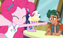 Size: 1175x720 | Tagged: safe, screencap, pinkie pie, sci-twi, timber spruce, twilight sparkle, do it for the ponygram!, equestria girls, equestria girls series, g4, spoiler:eqg series (season 2), clothes, cute, diapinkes, eyes closed, geode of sugar bombs, geode of telekinesis, lemon drop cupcake, magic cupcake touch, magical geodes, pointing, smiling, table