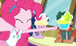 Size: 1171x720 | Tagged: safe, screencap, pinkie pie, sci-twi, timber spruce, twilight sparkle, do it for the ponygram!, equestria girls, g4, my little pony equestria girls: better together, cupcake, cute, diapinkes, eyes closed, female, food, geode of sugar bombs, geode of telekinesis, key lime cupcake, lemon drop cupcake, magic cupcake touch, magical geodes, male, pointing, shipping, smiling, straight, table, timbertwi