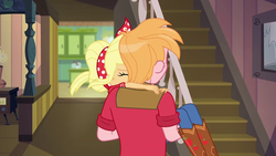 Size: 1280x720 | Tagged: safe, screencap, applejack, big macintosh, do it for the ponygram!, equestria girls, equestria girls series, five to nine, g4, spoiler:eqg series (season 2), blooper, bridal carry, brother and sister, carrying, context is for the weak, eyes closed, female, implied incest, male, out of context, outtakes, siblings, staircase, stairs, sweet apple acres