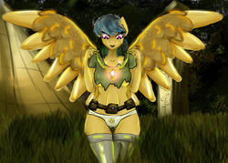 Size: 2944x2112 | Tagged: safe, artist:hippik, daring do, pegasus, anthro, g4, breasts, clothes, cutie mark underwear, high res, jewelry, necklace, panties, short shirt, socks, spread wings, thigh highs, torn clothes, underboob, underwear, white underwear, wings