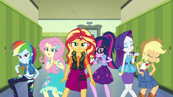 Size: 1280x720 | Tagged: safe, screencap, applejack, fluttershy, rainbow dash, rarity, sci-twi, sunset shimmer, twilight sparkle, do it for the ponygram!, equestria girls, equestria girls series, g4, spoiler:eqg series (season 2), canterlot high, faic, female, geode of empathy, geode of shielding, geode of super speed, geode of super strength, geode of telekinesis, group shot, lidded eyes, lockers, looking at you, magical geodes, nervous, pose, smiling, varying degrees of want