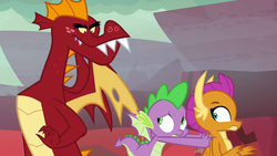 Size: 1280x720 | Tagged: safe, screencap, garble, smolder, spike, dragon, g4, sweet and smoky, dragoness, female, male, pushing, teenaged dragon, trio, winged spike, wings