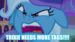 Size: 888x499 | Tagged: safe, edit, edited screencap, screencap, trixie, pony, derpibooru, g4, to where and back again, angry, blue mcglue, ears back, eat a dick, female, hat, image macro, meme, meta, nightcap, solo, tags, text, trixie needs more tags, trixie yells at everything, trixie's nightcap, trixie's wagon
