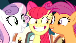 Size: 1374x774 | Tagged: safe, screencap, apple bloom, scootaloo, sweetie belle, earth pony, pegasus, pony, unicorn, g4, growing up is hard to do, being big is all it takes, bow, cropped, cutie mark crusaders, excited, female, friendship express, hair bow, looking at each other, mare, older, older apple bloom, older cmc, older scootaloo, older sweetie belle, smiling, teeth, trio