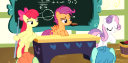 Size: 764x376 | Tagged: safe, screencap, apple bloom, scootaloo, shuffle step, sweetie belle, teal shores, earth pony, pegasus, pony, unicorn, growing up is hard to do, bipedal, bipedal leaning, chalkboard, cropped, cutie mark, cutie mark crusaders, eyes closed, female, leaning, lidded eyes, mare, older, older apple bloom, older cmc, older scootaloo, older sweetie belle, ponyville schoolhouse, raised eyebrow, raised hoof, smiling, smirk, smug, the cmc's cutie marks, trio focus