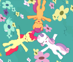 Size: 803x677 | Tagged: safe, screencap, apple bloom, scootaloo, sweetie belle, earth pony, pegasus, pony, unicorn, g4, growing up is hard to do, bow, cropped, cutie mark crusaders, eyes closed, female, flower, hair bow, lying down, mare, older, older apple bloom, older cmc, older scootaloo, older sweetie belle, on back, open mouth, trio