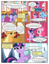 Size: 612x792 | Tagged: safe, artist:newbiespud, edit, edited screencap, screencap, applejack, berry punch, berryshine, carrot top, fluttershy, golden harvest, parasol, pinkie pie, rainbow dash, rainbowshine, twilight sparkle, earth pony, pegasus, pony, unicorn, comic:friendship is dragons, g4, apple, background pony, background pony audience, bags under eyes, basket, comic, dialogue, female, flying, food, frown, glowing horn, grin, horn, magic, mare, rearing, saddle basket, screencap comic, smiling, telekinesis, unicorn twilight