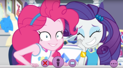 Size: 1676x931 | Tagged: safe, screencap, pinkie pie, rarity, do it for the ponygram!, equestria girls, g4, my little pony equestria girls: better together, arms, bed, bedroom, bracelet, breasts, bust, clothes, computer, female, fingers, giggling, goofing off, grin, hairpin, hand, happy, jewelry, laughing, leaning, leaning forward, long hair, makeup, rarity peplum dress, record, room, shrunken pupils, silly, sleeveless, smiling, tank top, teenager, teeth, video, wide eyes