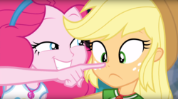 Size: 1675x930 | Tagged: safe, screencap, applejack, pinkie pie, do it for the ponygram!, equestria girls, g4, my little pony equestria girls: better together, boop, close-up, clothes, collar, cowboy hat, duo, duo female, female, freckles, geode of sugar bombs, geode of super strength, grin, hair, hat, magic cupcake touch, magical geodes, pointing, ponytail, shirt, sleeveless, smiling, smirk, t-shirt, tank top, teenager