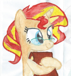 Size: 751x803 | Tagged: safe, artist:themisto97, sunset shimmer, pony, unicorn, g4, book, drawing, female, glasses, ink drawing, nerd, solo, sunspecs shimmer, traditional art
