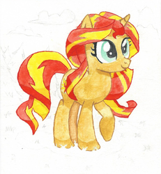 Size: 1258x1360 | Tagged: safe, artist:themisto97, sunset shimmer, pony, unicorn, g4, alternate hairstyle, female, human hair, painting, ponified, solo, traditional art, watercolor painting