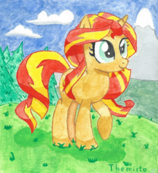 Size: 1250x1370 | Tagged: safe, artist:themisto97, sunset shimmer, pony, unicorn, g4, alternate hairstyle, female, forest, human hair, mountain, painting, ponified, solo, traditional art, watercolor painting