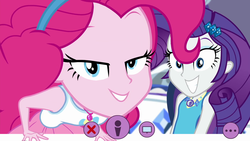 Size: 1920x1080 | Tagged: safe, screencap, pinkie pie, rarity, do it for the ponygram!, equestria girls, g4, my little pony equestria girls: better together, close-up, geode of shielding, geode of sugar bombs, lidded eyes, looking at you, magical geodes