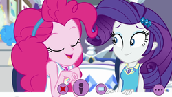 Size: 1920x1080 | Tagged: safe, screencap, pinkie pie, rarity, human, do it for the ponygram!, equestria girls, g4, my little pony equestria girls: better together, duo, duo female, eyes closed, female, geode of shielding, geode of sugar bombs, magical geodes, rarity's bedroom