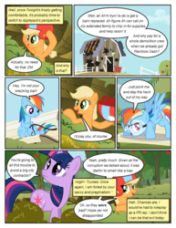 Size: 612x792 | Tagged: safe, artist:newbiespud, edit, edited screencap, screencap, applejack, rainbow dash, twilight sparkle, earth pony, pegasus, pony, unicorn, comic:friendship is dragons, g4, lesson zero, apple, apple tree, barn, bench, comic, dialogue, face down ass up, female, food, freckles, goggles, helmet, hooves, horn, looking up, mare, open mouth, screencap comic, sweet apple acres, tree, unicorn twilight, wings