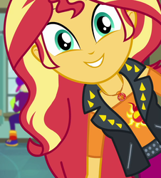 Size: 975x1080 | Tagged: safe, screencap, cranky doodle donkey, sunset shimmer, do it for the ponygram!, equestria girls, g4, my little pony equestria girls: better together, cropped, cute, female, geode of empathy, looking at you, magical geodes, shimmerbetes, smiling