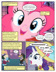 Size: 612x792 | Tagged: safe, artist:newbiespud, edit, edited screencap, screencap, pinkie pie, rarity, twilight sparkle, earth pony, pony, unicorn, comic:friendship is dragons, g4, background pony, background pony audience, canterlot, clothes, comic, dialogue, dress, female, grand galloping gala, hat, hooves, horn, jewelry, male, mare, necklace, open mouth, screencap comic, stallion, sun hat, top hat, unicorn twilight, window