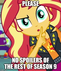 Size: 500x582 | Tagged: safe, edit, edited screencap, screencap, cranky doodle donkey, sunset shimmer, do it for the ponygram!, equestria girls, equestria girls series, g4, spoiler:eqg series (season 2), caption, cropped, female, geode of empathy, image macro, magical geodes, no spoilers, shhh, solo, text