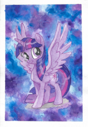 Size: 1252x1812 | Tagged: safe, artist:themisto97, twilight sparkle, alicorn, pony, g4, my little pony: the movie, cardboard twilight, female, solo, traditional art, twilight sparkle (alicorn), watercolor painting, wings