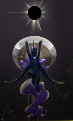 Size: 737x1219 | Tagged: safe, artist:silfoe, nightmare moon, alicorn, pony, moonsetmlp, g4, alternate universe, cropped, eclipse, female, flying, mare, solar eclipse