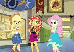 Size: 1520x1080 | Tagged: safe, screencap, applejack, fluttershy, sunset shimmer, do it for the ponygram!, equestria girls, g4, spoiler:eqg series (season 2), boots, clothes, cowboy hat, cropped, cutie mark on clothes, denim, denim skirt, female, fluttershy boho dress, geode of empathy, geode of fauna, geode of super strength, hat, jewelry, looking at each other, looking at someone, magical geodes, necklace, shirt, shoes, shoulderless shirt, skirt, stetson, trio