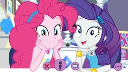 Size: 1920x1080 | Tagged: safe, screencap, pinkie pie, rarity, do it for the ponygram!, equestria girls, g4, my little pony equestria girls: better together, bracelet, jewelry, looking at you, open mouth, smiling, smiling at you