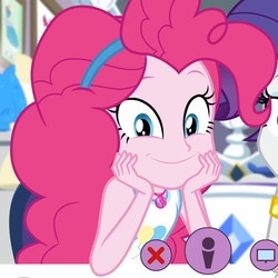 Size: 1080x1080 | Tagged: safe, screencap, pinkie pie, rarity, do it for the ponygram!, equestria girls, g4, my little pony equestria girls: better together, cropped, cute, diapinkes, geode of sugar bombs, magical geodes, offscreen character, smiling