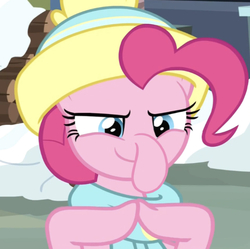 Size: 702x699 | Tagged: editor needed, safe, edit, edited screencap, screencap, pinkie pie, earth pony, pony, g4, my little pony best gift ever, cropped, cursed, cursed image, female, hat, mare, pinkie being pinkie, silly, solo, spongebob squarepants, squidward nose, wat