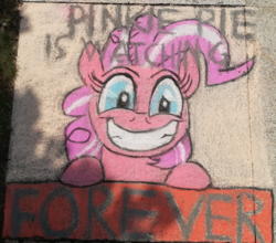 Size: 2736x2404 | Tagged: safe, artist:themisto97, pinkie pie, earth pony, pony, fallout equestria, galacon, galacon 2019, g4, caption, chalk, chalk drawing, female, forever, high res, image macro, ministry mares, ministry of morale, pinkamena diane pie, pinkie pie is watching you, smiling, solo, street art, text, traditional art