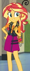 Size: 330x772 | Tagged: safe, screencap, sunset shimmer, do it for the ponygram!, equestria girls, g4, my little pony equestria girls: better together, clothes, cropped, female, geode of empathy, grin, hand on hip, jewelry, leather vest, magical geodes, necklace, shoulderless shirt, skirt, smiling, solo